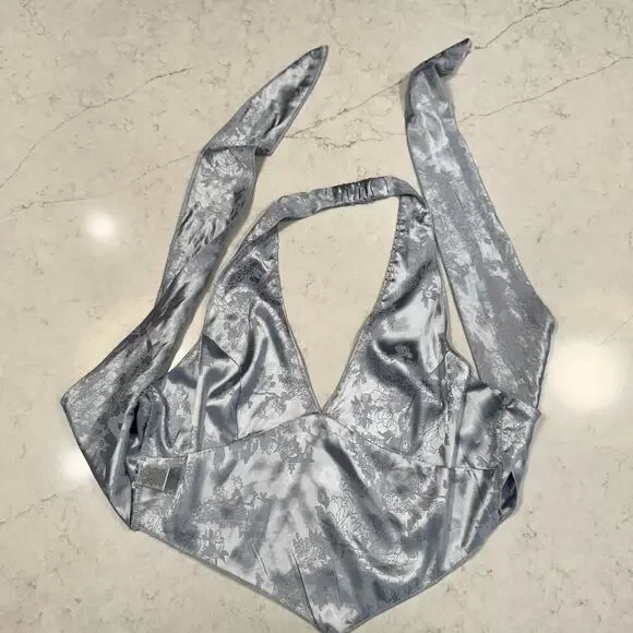 Windsor Satin Jacquard Halter Top Gray Silver Women's Large Tie Y2K Party Baddie - Picture 12 of 16
